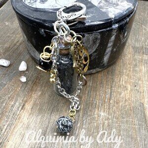 Bag charm necklace bottle and black obsidian elements
